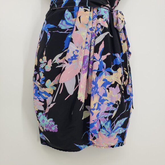 Yumi Kim Floral Print Faux Wrap Mini Dress S Sleeveless Side Tie Black Blue - Picture 6 of 11
